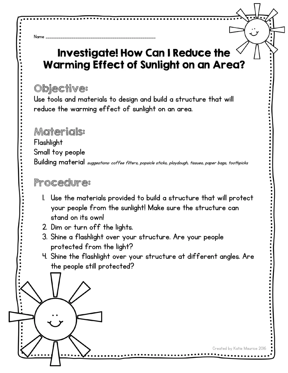 Sunlight investigation: students build a shade structure for toy people and test it under a flashlight at different angles