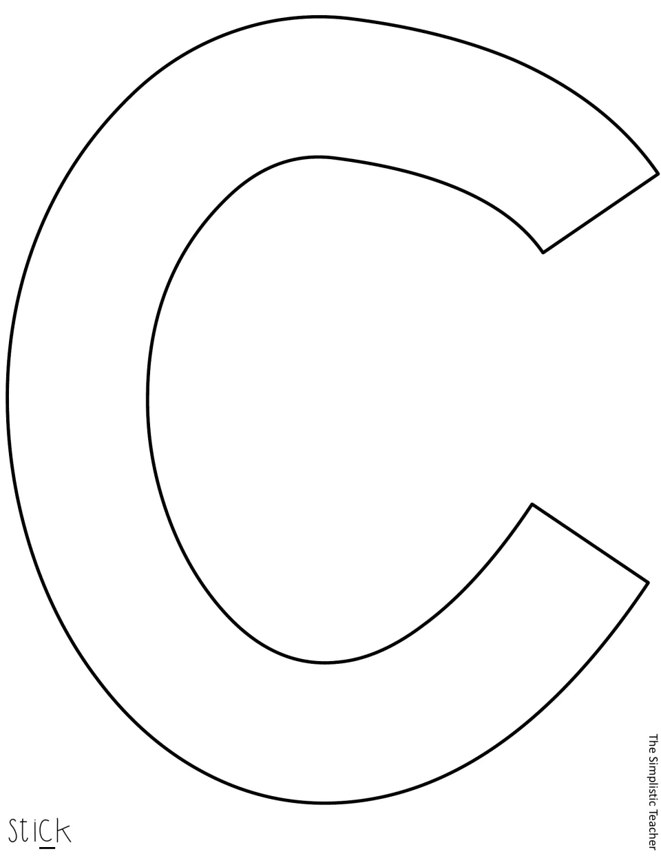 Cut-out letter c fills this printable sheet, forming the fourth letter of “stick” in the classroom display
