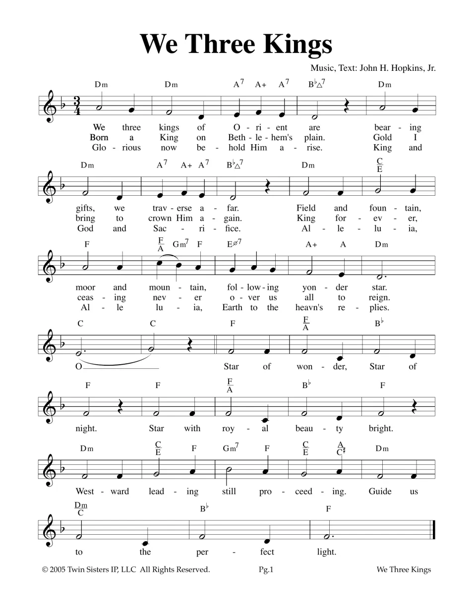 We Three Kings carol by John H. Hopkins, Jr.: melody in 3/4 with chord symbols and three verses of lyrics to sing or play