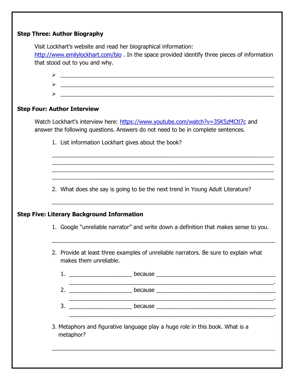 Introduction continues with author biography and interview tasks, unreliable narrators, and metaphor