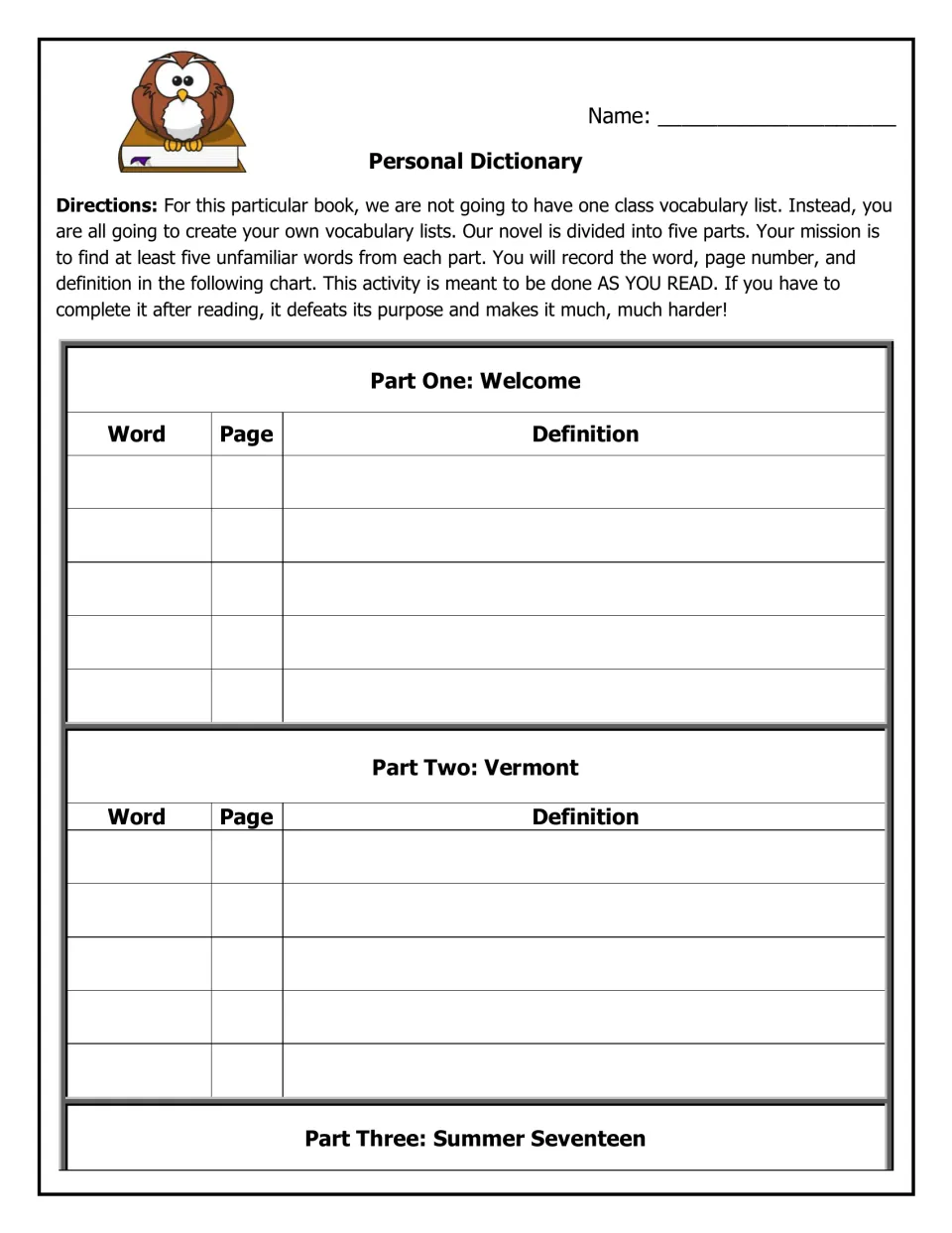 Personal dictionary begins with word, page, and definition entries for Part One: Welcome and Part Two: Vermont