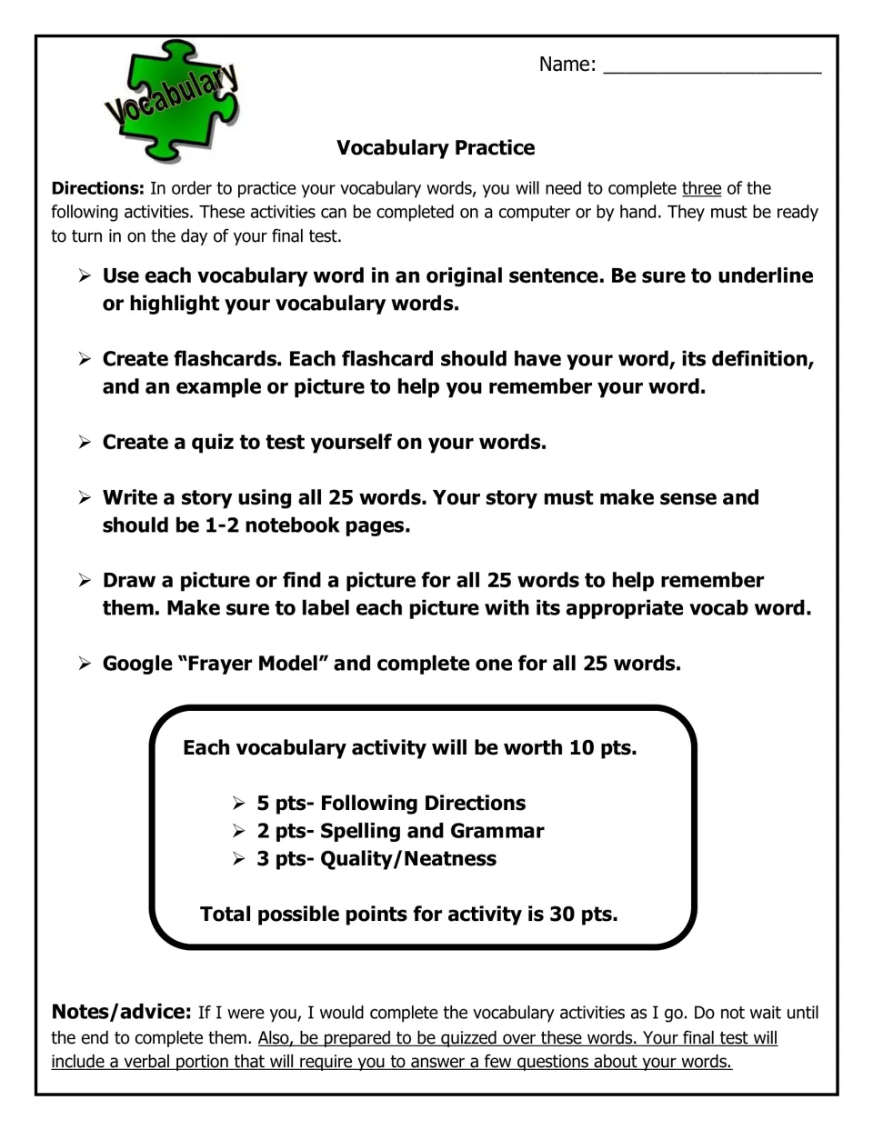 Vocabulary practice offers six choices, including sentences, flashcards, and a story; students complete three