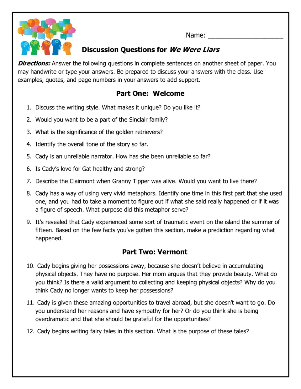 Discussion questions 1–12 cover Parts One and Two, including writing style, Cady's reliability, and fairy tales