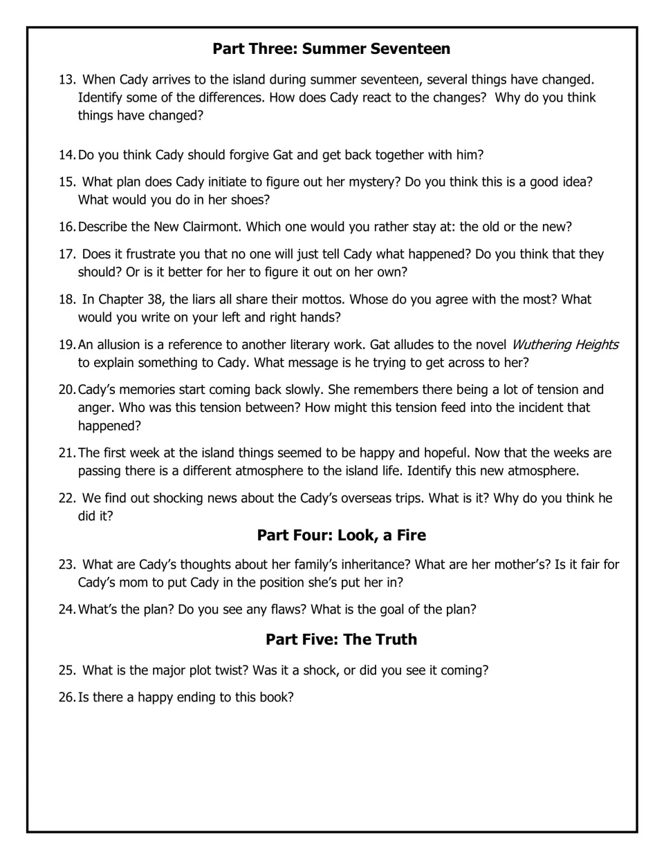 Discussion questions 13–26 cover Parts Three through Five, including island changes, inheritance, and the ending