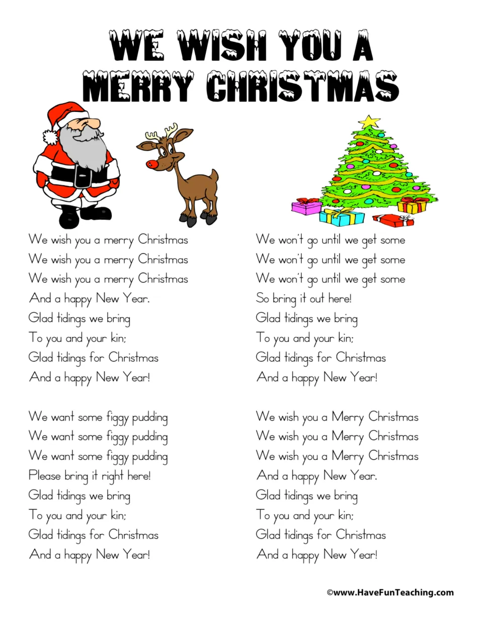 Christmas carol lyrics: four verses about glad tidings and figgy pudding to sing, with Santa and reindeer art