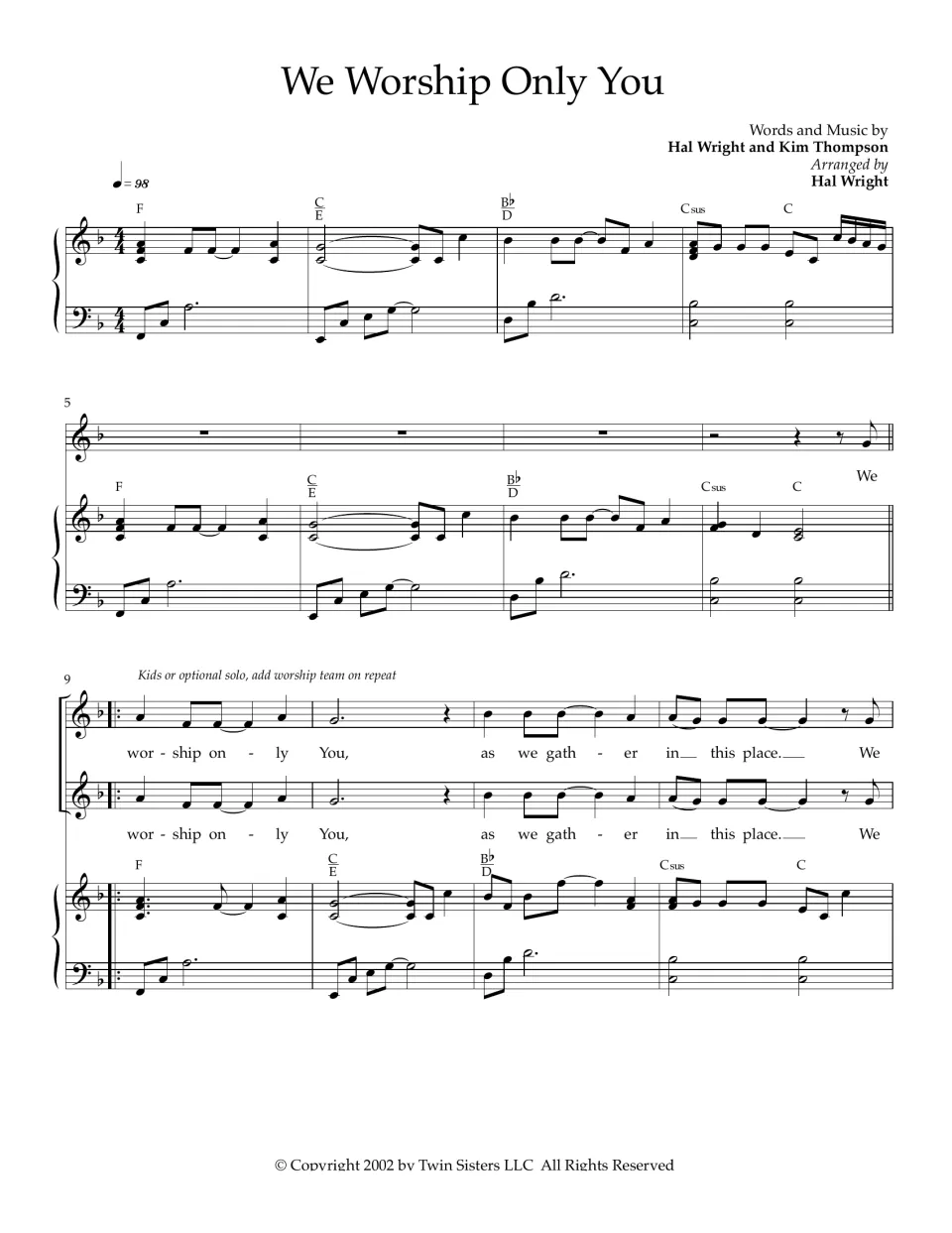 We Worship Only You, bars 1-12 in F: piano intro, then two vocal lines sing "worship only You, as we gather in this place"