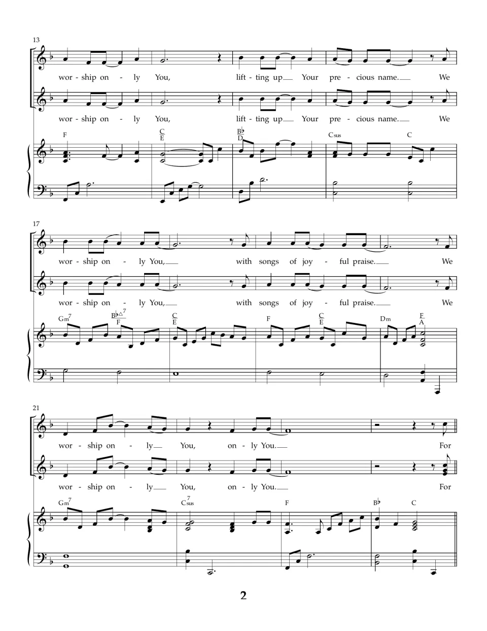 Song bars 13-24: two vocal parts with piano sing "lifting up Your precious name" and "with songs of joyful praise"