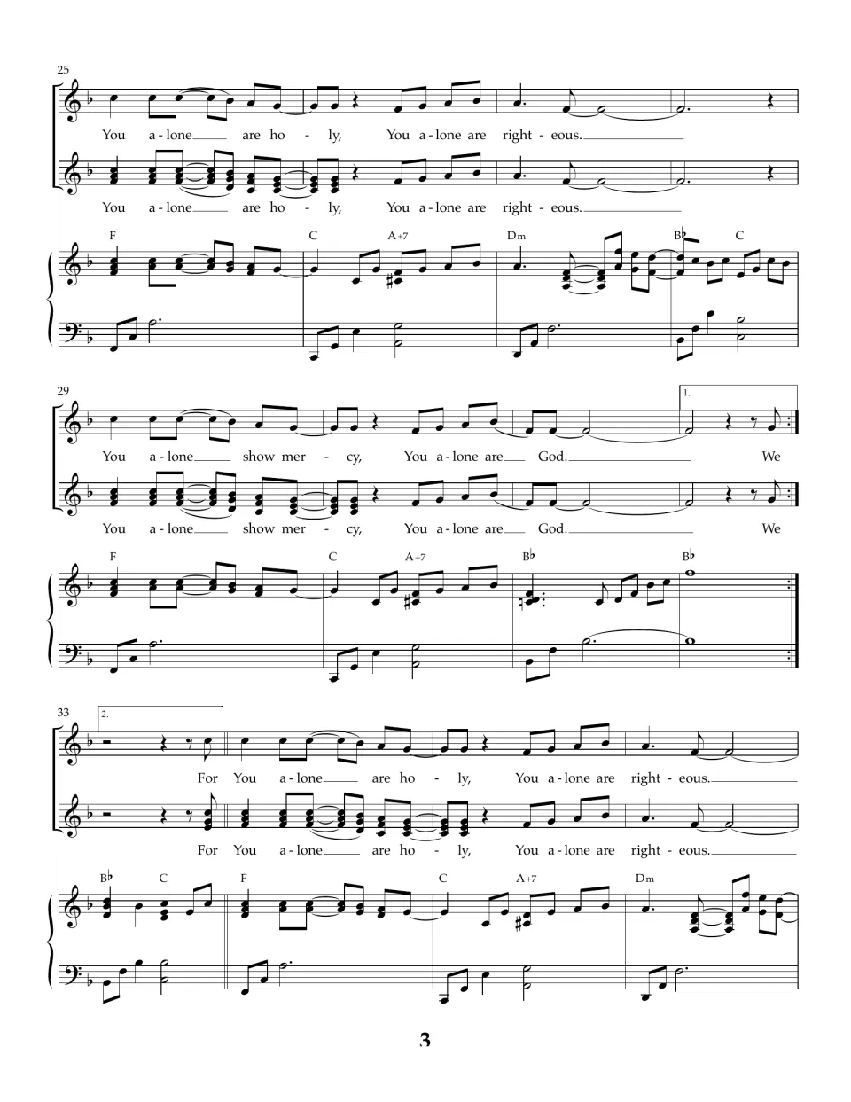 Chorus, bars 25-36: voices sing "You alone are holy, You alone are righteous... You alone are God" with 1st and 2nd endings
