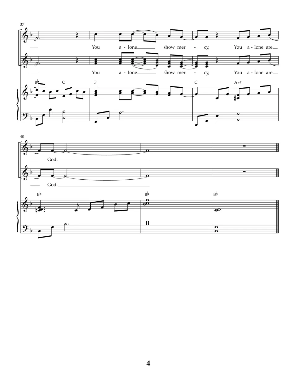 Closing bars 37-42: final "You alone show mercy, You alone are God" with a held note and piano ending on a B-flat chord