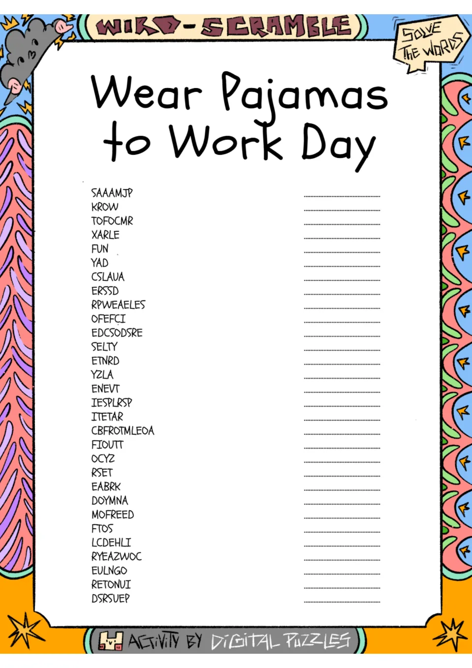 Pajama day word scramble: students unscramble 30 jumbled words such as SAAAMJP, KROW and TOFOCMR into theme words