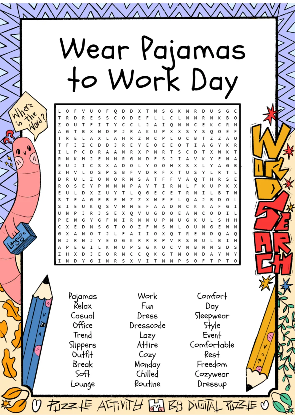 Pajama day vocabulary word search: students find 30 hidden words such as slippers, cozy, lounge and sleepwear