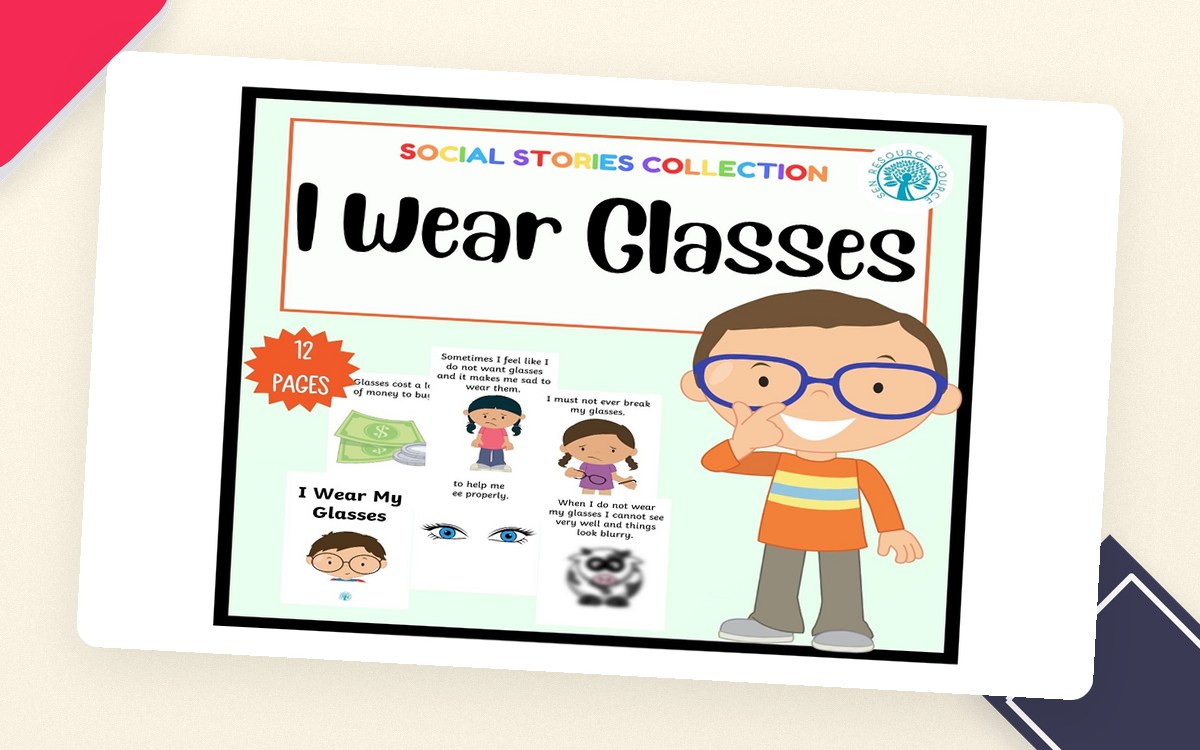 I Wear Glasses social-story cover with a child wearing glasses and page previews.