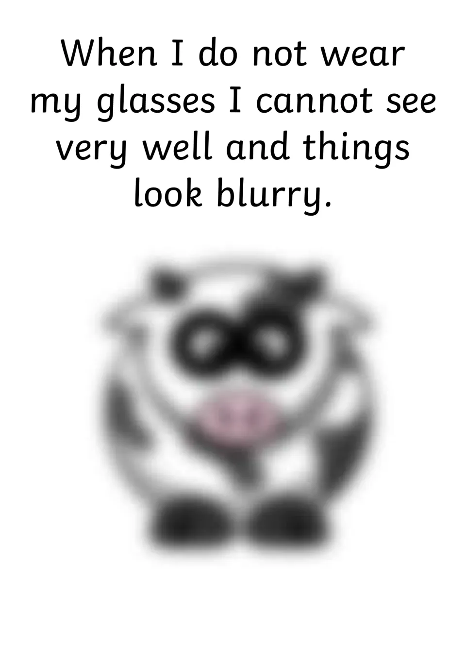 Story page explaining that without glasses things look blurry, shown by a deliberately blurred cartoon cow
