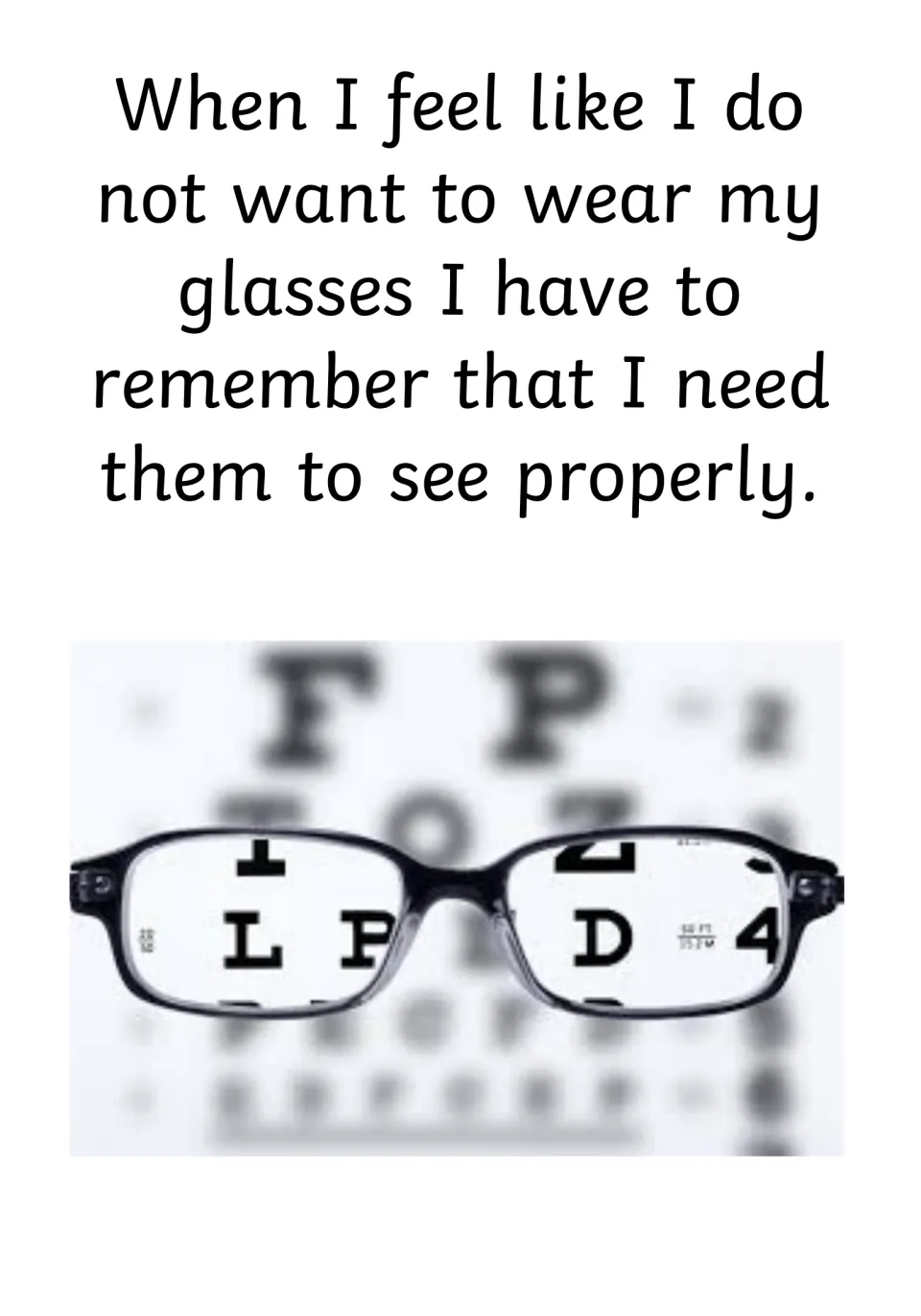 Coping page: when I do not want to wear my glasses I remember I need them, over an eye chart sharp only in the lenses