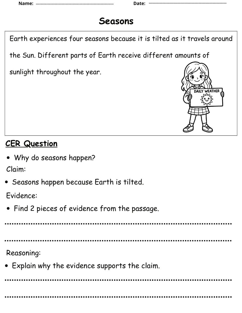 Seasons passage on Earth's tilt: students find 2 pieces of evidence and explain how they support the claim about seasons