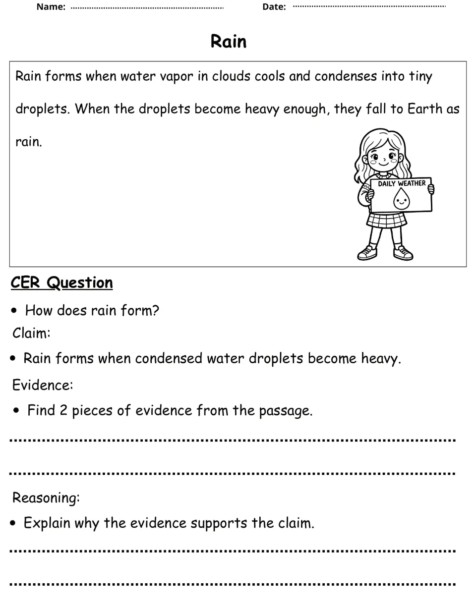 How rain forms: students read about condensation and heavy droplets, then cite passage evidence and write their reasoning
