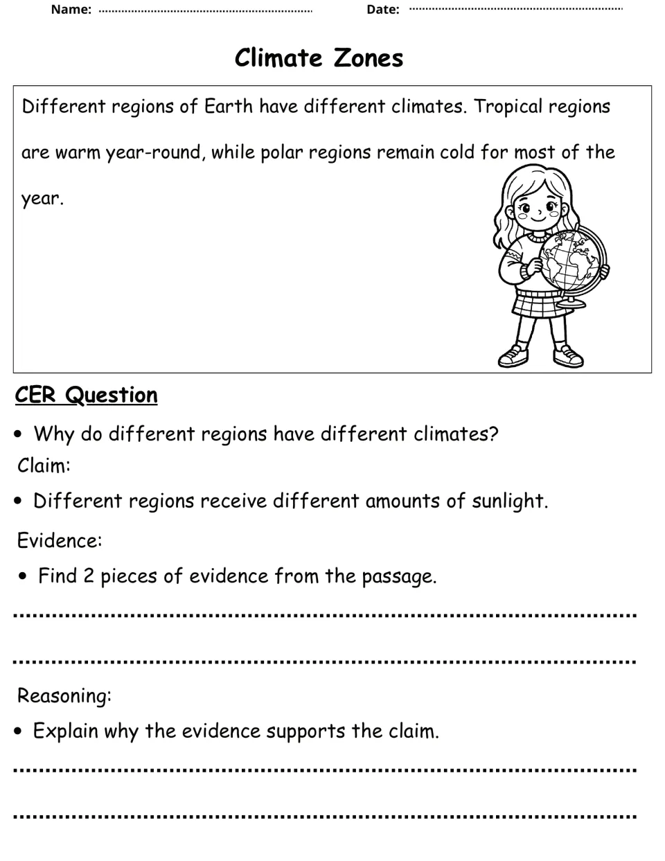 Climate zones: students compare tropical and polar regions in a passage, then link the evidence to the sunlight claim