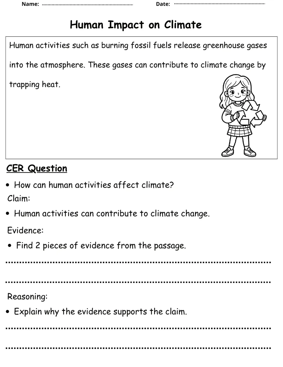 Human impact on climate: students read about fossil fuels and greenhouse gases, then cite evidence and explain reasoning