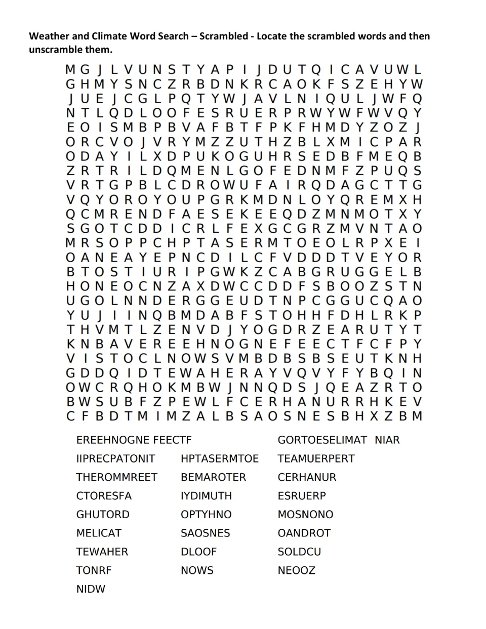 Scrambled word search: students find scrambled weather terms like TEAMUERPERT and NIDW, then unscramble each one