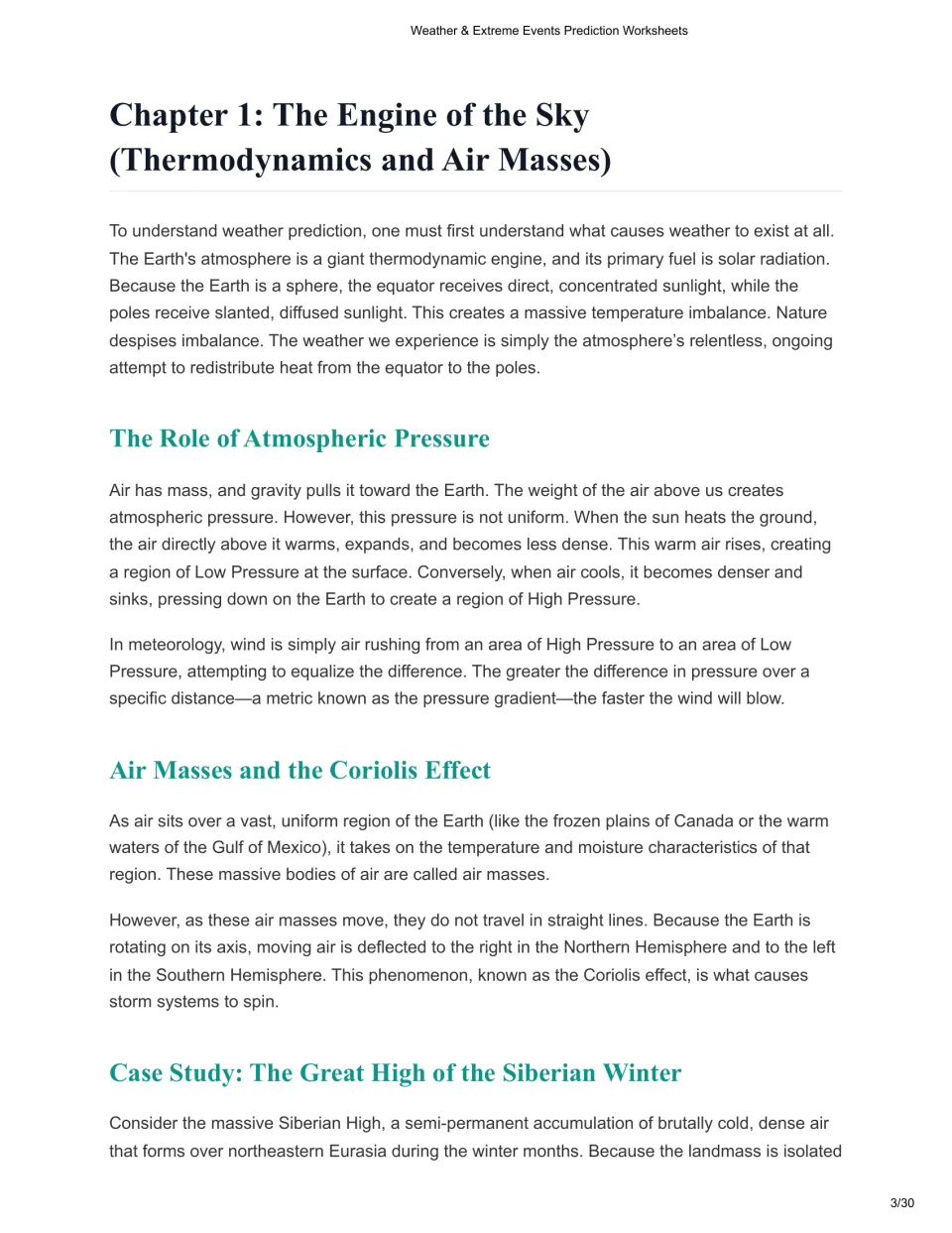 Chapter 1 reading explains solar heating, atmospheric pressure, air masses, and the Coriolis effect.