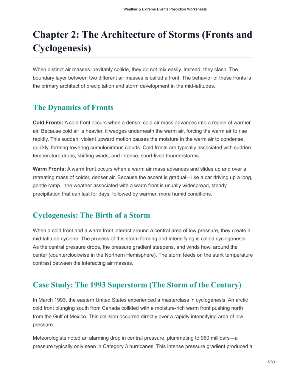 Chapter 2 reading explains cold and warm fronts, cyclogenesis, and the development of the 1993 Superstorm.