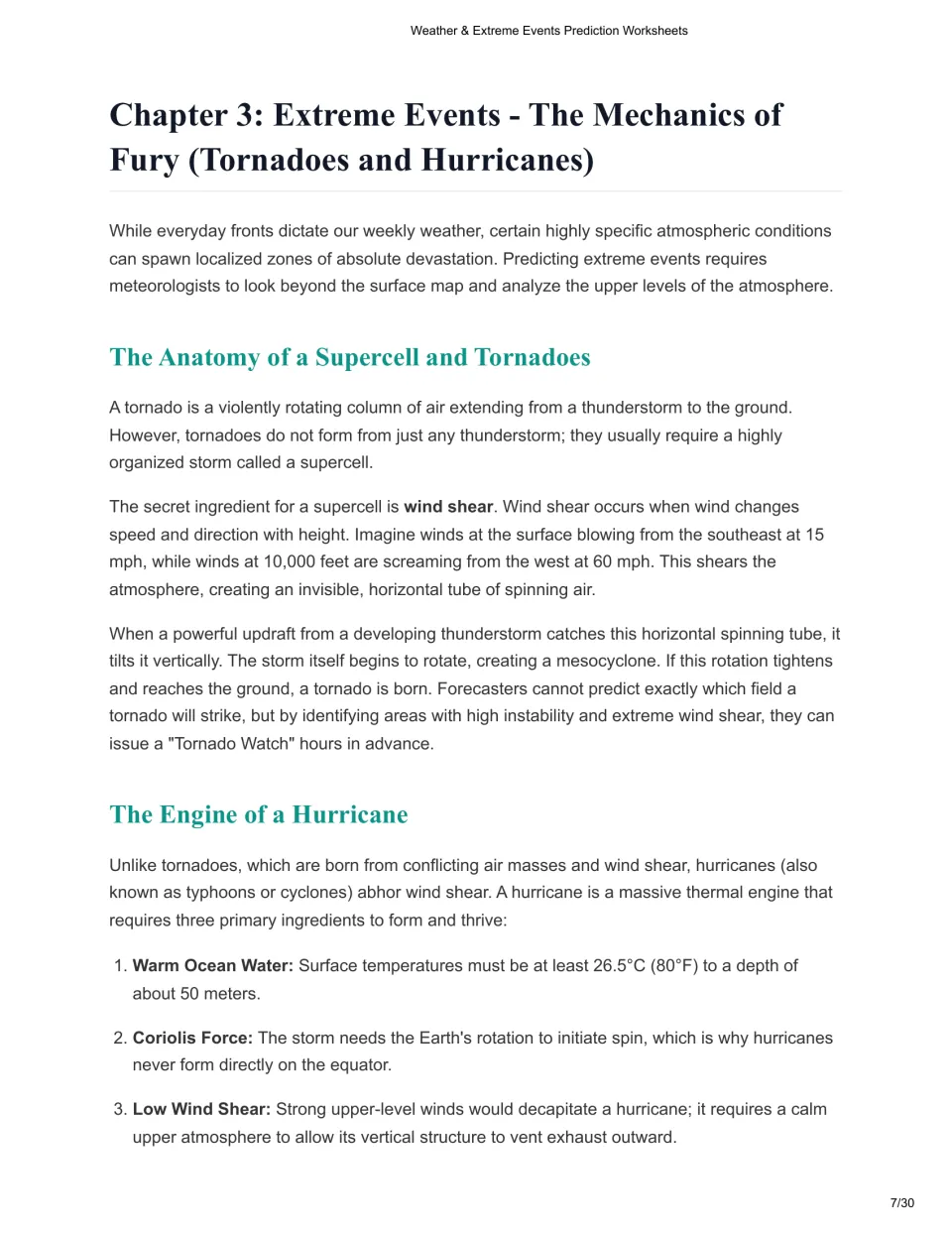 Chapter 3 reading explains supercells, tornadoes, wind shear, and three conditions for hurricane formation.