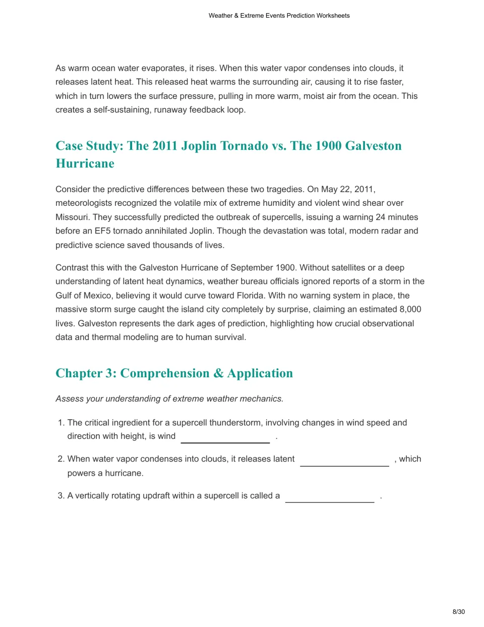 Chapter 3 compares the Joplin tornado and Galveston hurricane, then asks about wind shear, heat, and mesocyclones.