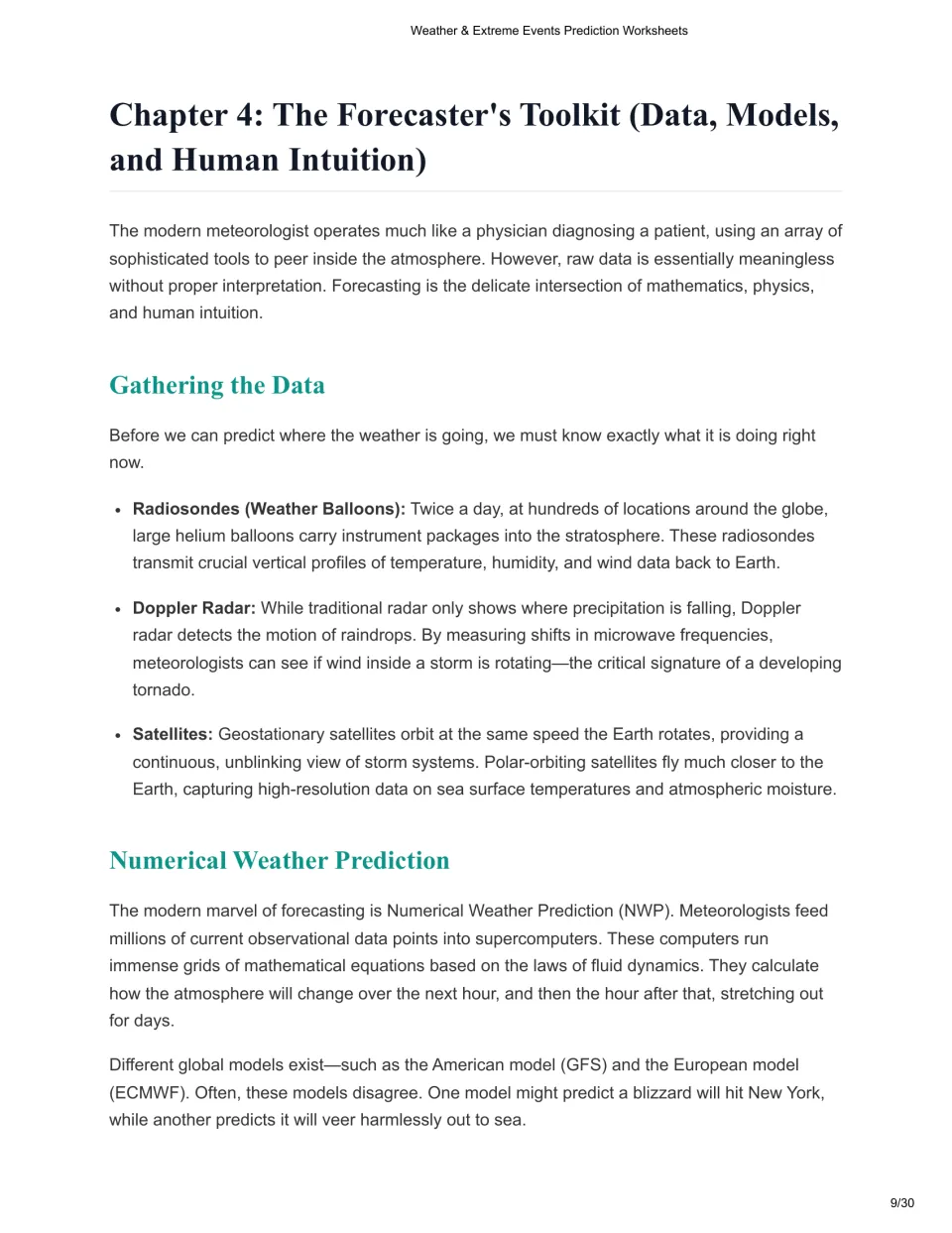 Chapter 4 reading introduces weather balloons, Doppler radar, satellites, and numerical weather prediction.