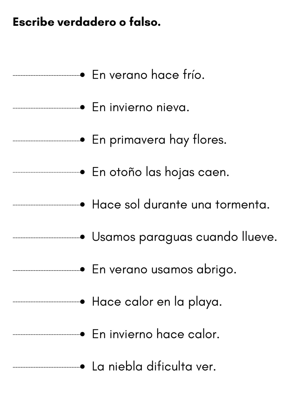 True or false in Spanish: students mark 10 weather and season statements, like En verano hace frío, as verdadero or falso
