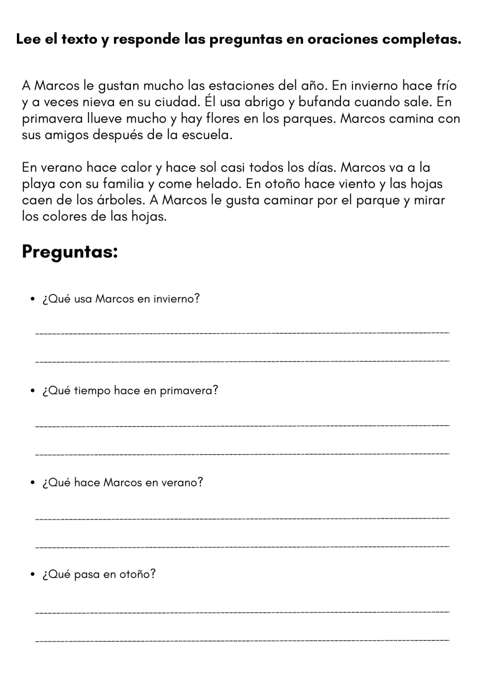Spanish reading comprehension: students read a short passage about Marcos and the seasons, then answer 4 questions in full