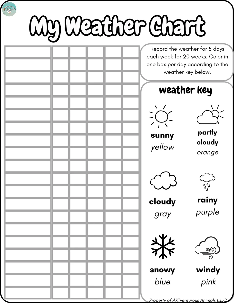 Black-and-white weather chart with blank week labels and a six-weather color key for 20 weeks of recording