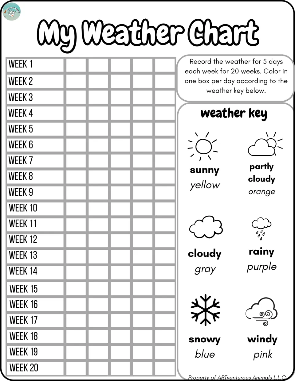 Black-and-white weather chart labeled Week 1 through Week 20, with six weather types and their color names