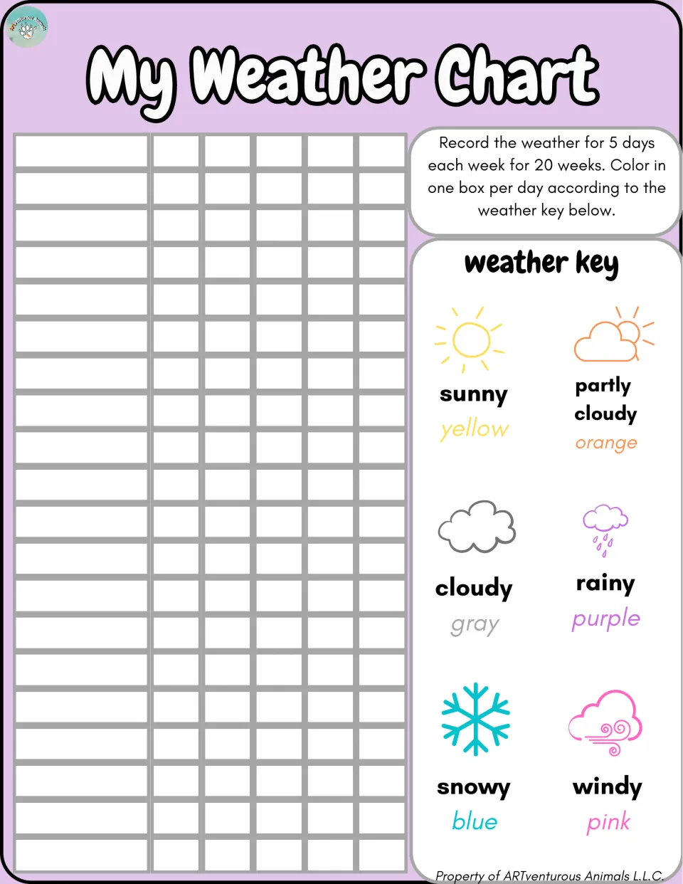 Weather chart with blank week labels and colored weather symbols for recording five days a week for 20 weeks