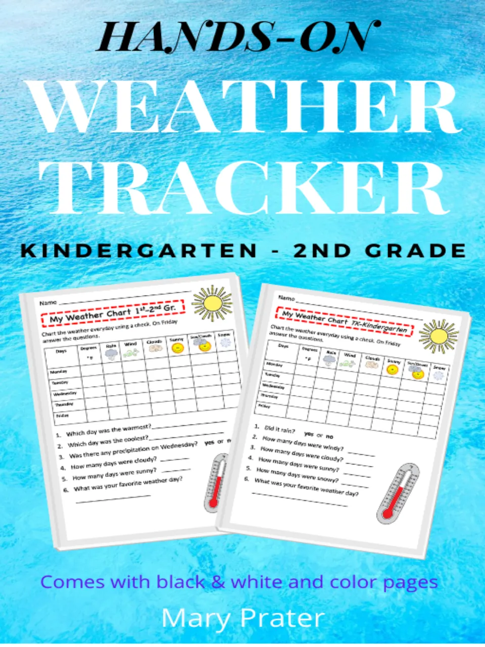 Hands-On Weather Tracker cover showing two weekly weather charts with Friday questions, in color and black-and-white