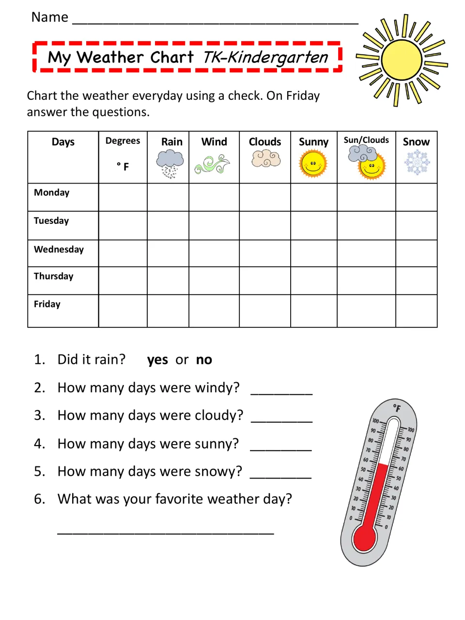 Weekly weather chart, TK-Kindergarten, color: students check rain, wind, clouds, sun or snow daily, then count windy days
