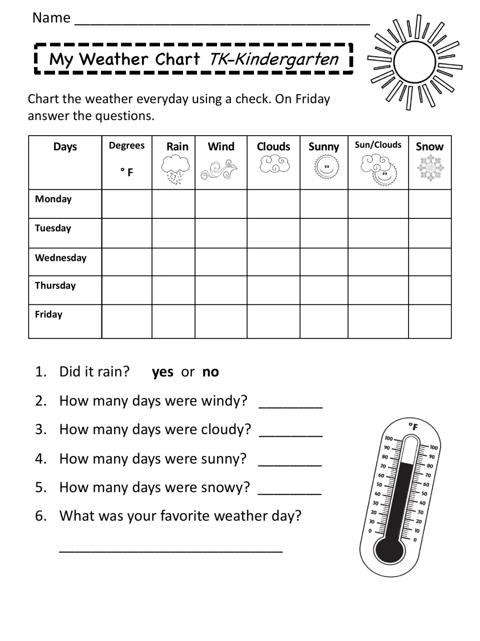 Black-and-white TK-Kindergarten weather chart: students log °F and weather daily, then answer Friday counting questions