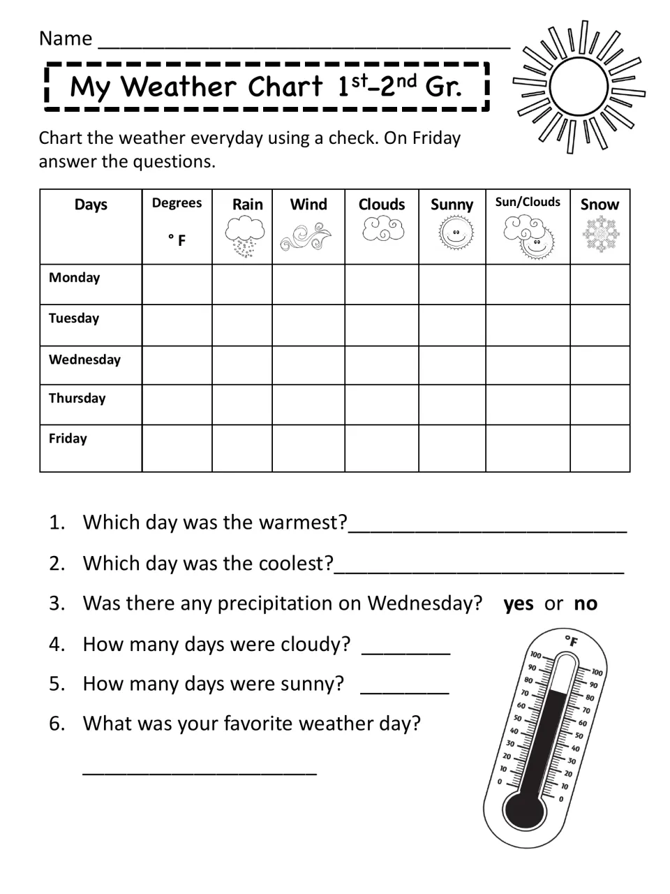 Black-and-white 1st-2nd grade weather chart: daily temperature and weather checks plus a Wednesday precipitation question