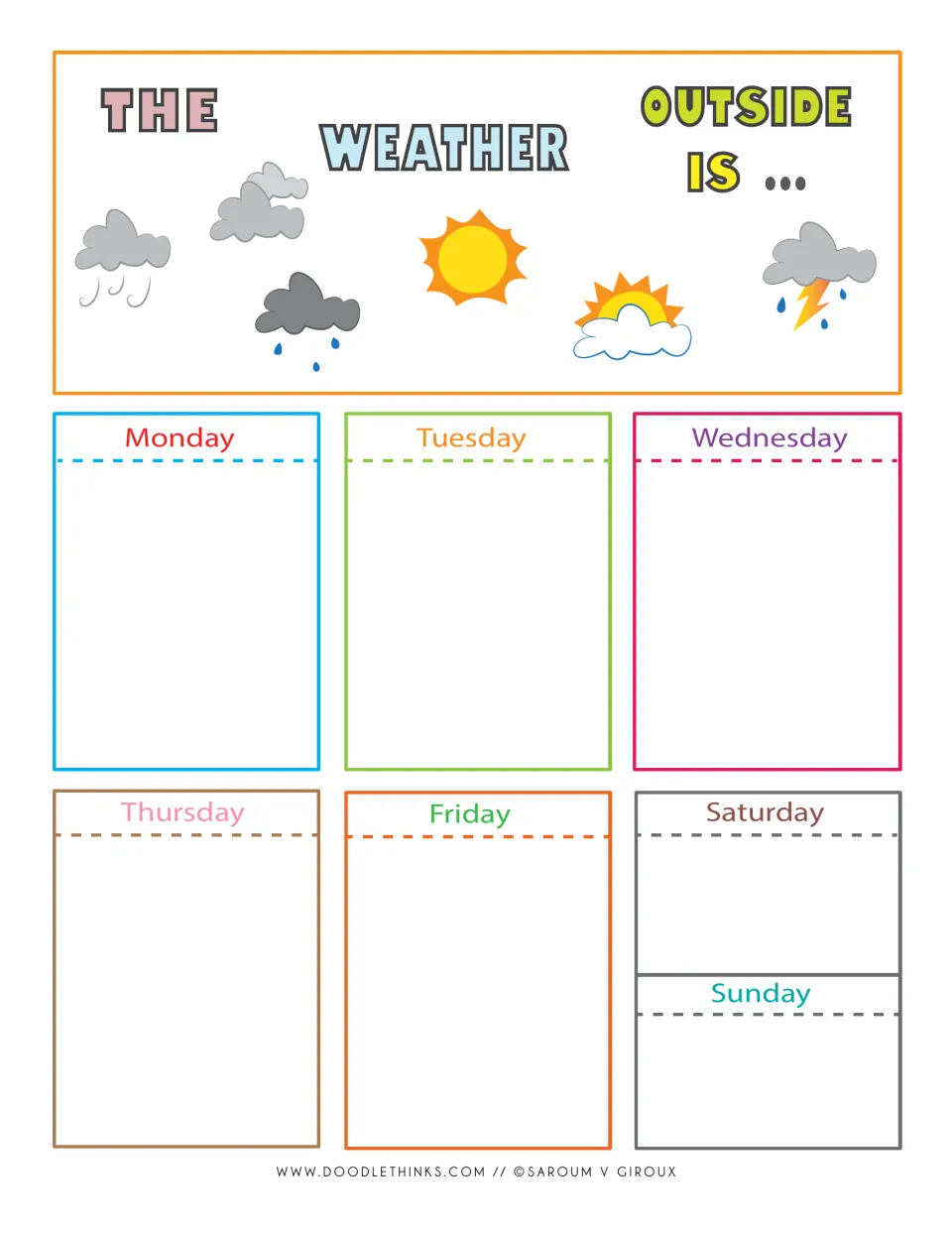 The Weather Outside Is... colour chart: students record each day's weather from Monday to Sunday below weather icons