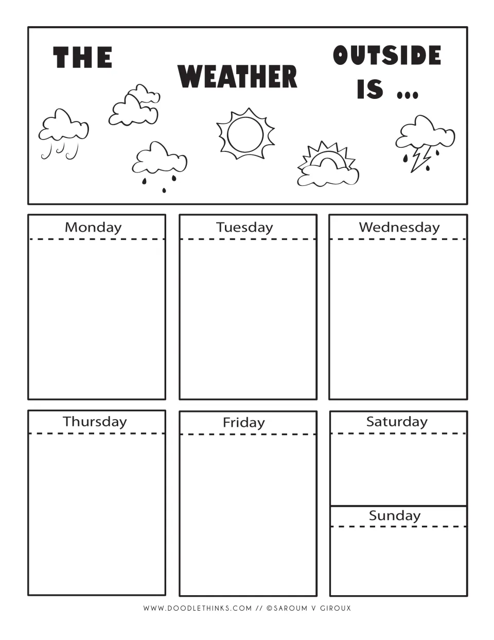 Black-and-white weekly weather chart: students colour the weather icons and draw each day's weather from Monday to Sunday