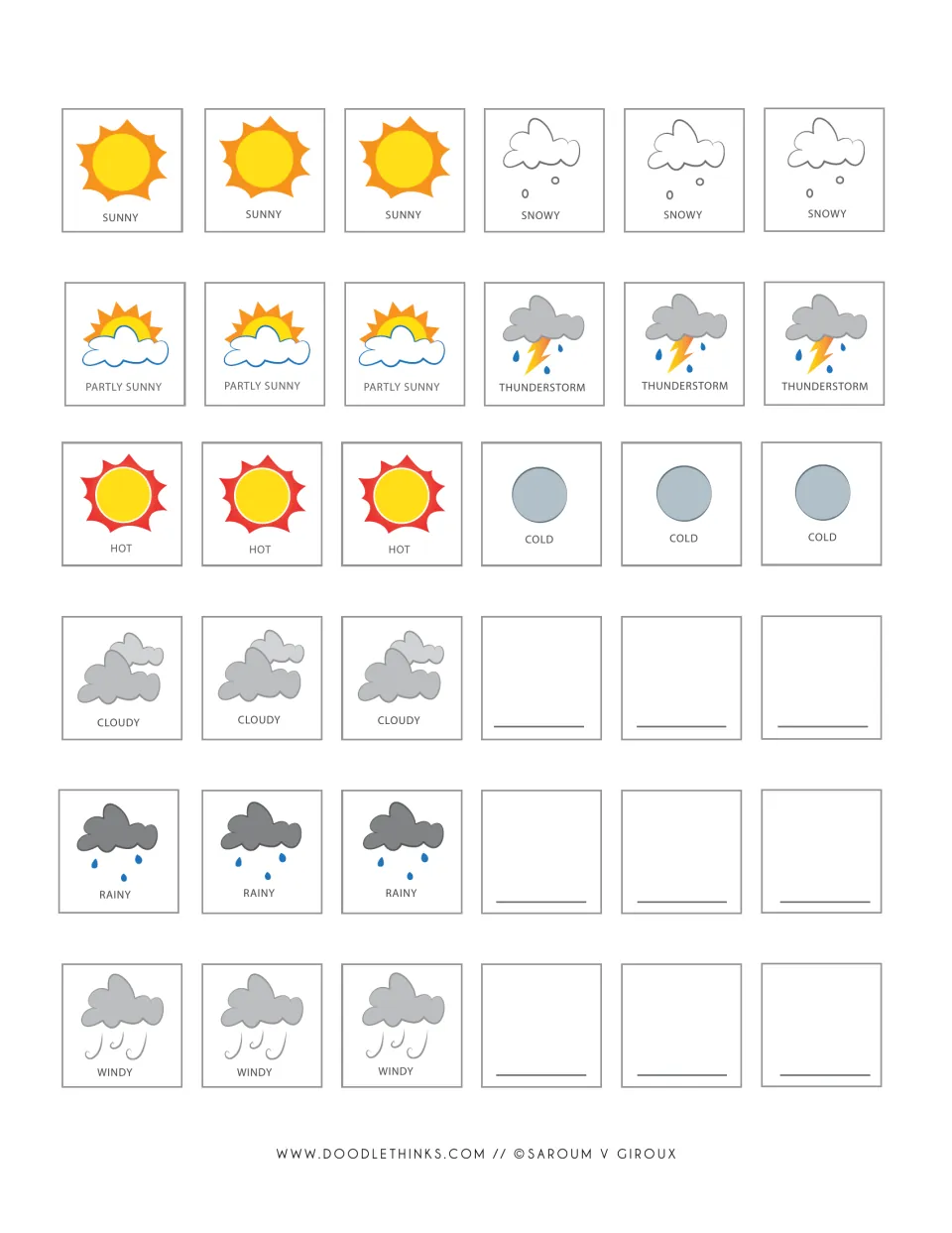 Colour weather symbol cards: sunny, partly sunny, hot, cold, cloudy, rainy, windy, snowy, thunderstorm, plus 9 blank to draw