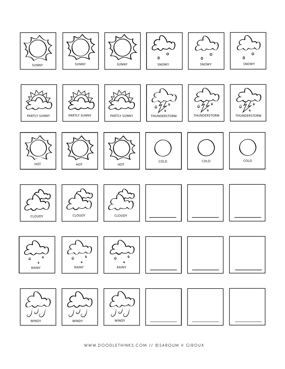 Outline weather symbol cards for colouring: three each of nine weather types, with 9 blank cards to draw and label a new one