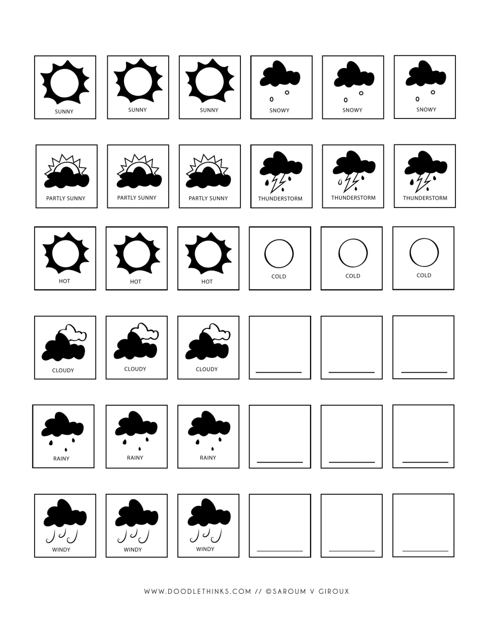 Solid black weather symbol cards for sunny, snowy, rainy, windy and more, plus 9 blank cards for drawing other weather