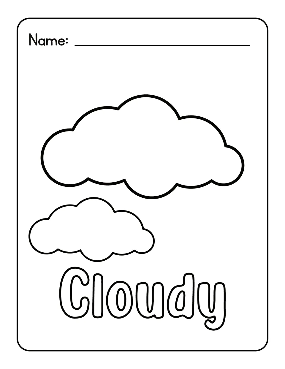 Cloudy weather coloring sheet: students color one large and one smaller cloud plus the bubble-letter word Cloudy