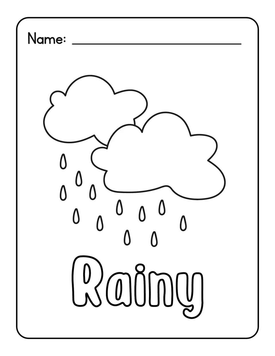 Rainy weather coloring sheet: students color two clouds with raindrops falling below them and the bubble-letter word Rainy