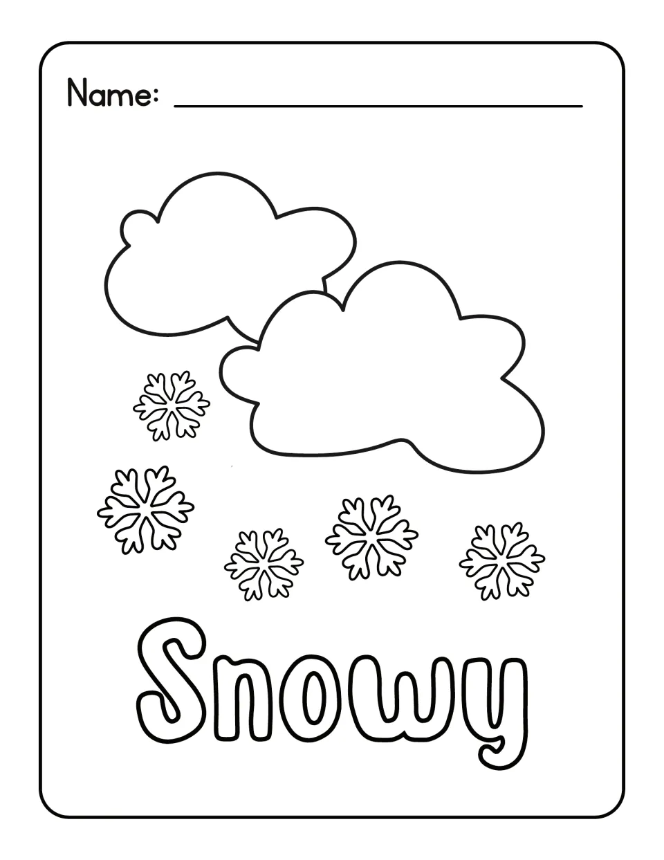 Snowy weather coloring sheet: students color two clouds with five snowflakes drifting down and the bubble-letter word Snowy
