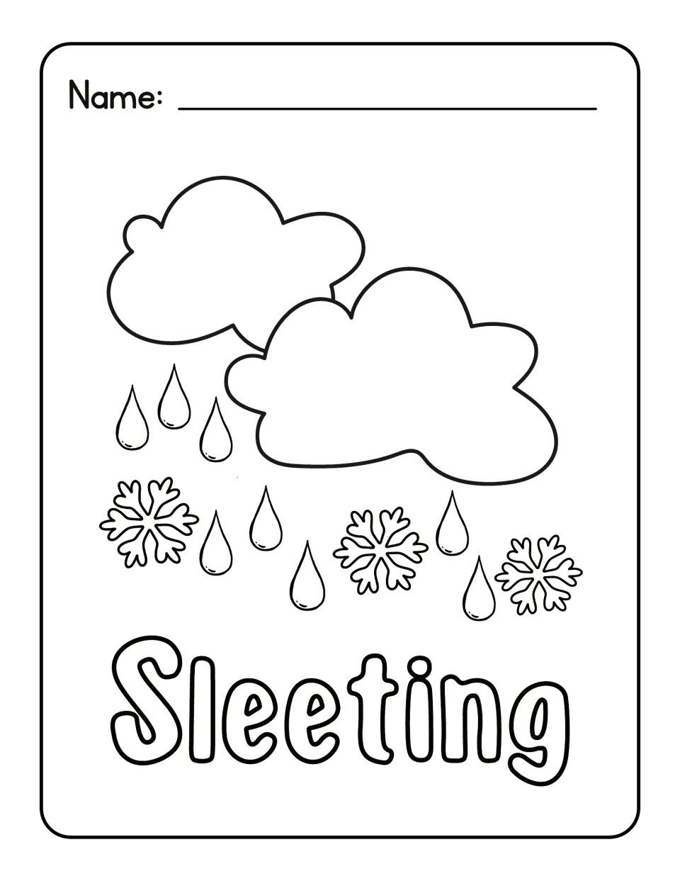 Sleeting weather coloring sheet: students color clouds dropping a mix of raindrops and snowflakes, plus the word Sleeting