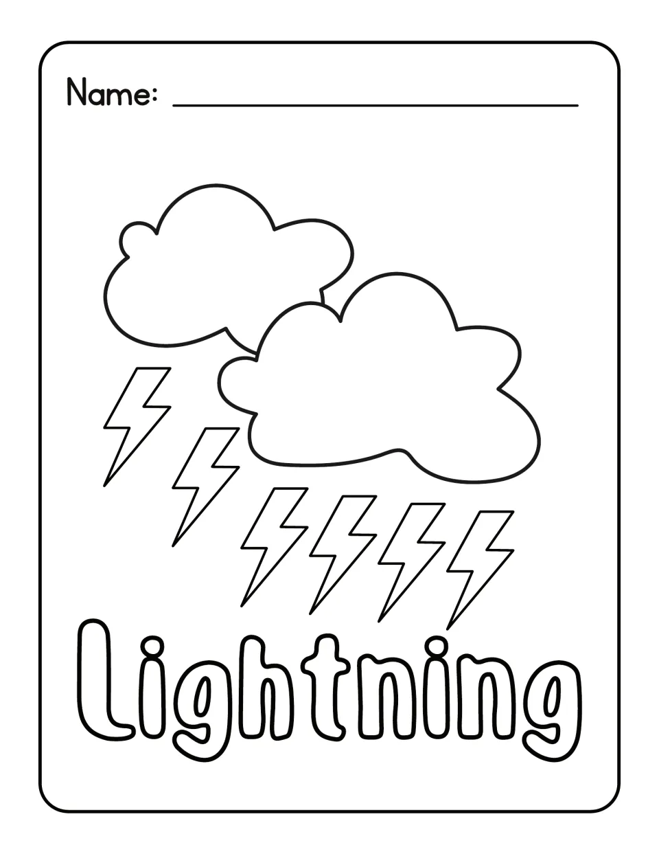 Lightning weather coloring sheet: students color two clouds with six zigzag lightning bolts below and the word Lightning