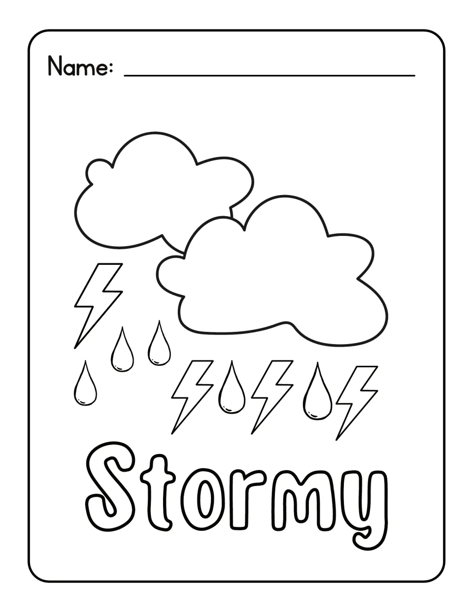 Stormy weather coloring sheet: students color two clouds with lightning bolts and raindrops mixed and the word Stormy