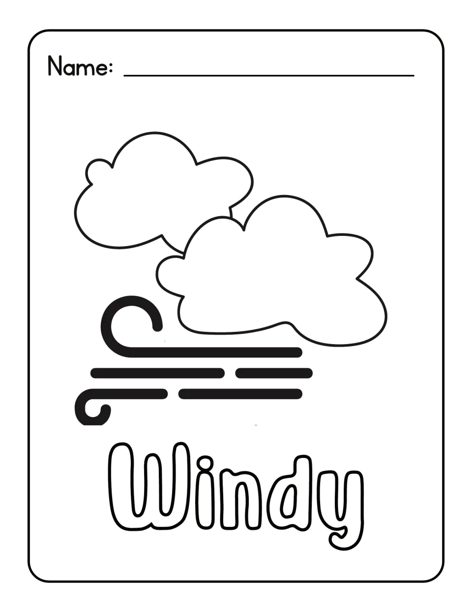 Windy weather coloring sheet: students color clouds with curling wind gust lines beneath and the bubble-letter word Windy