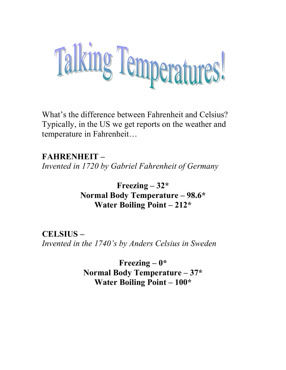 Talking Temperatures: Fahrenheit and Celsius compared with freezing, body temperature and boiling point for each scale